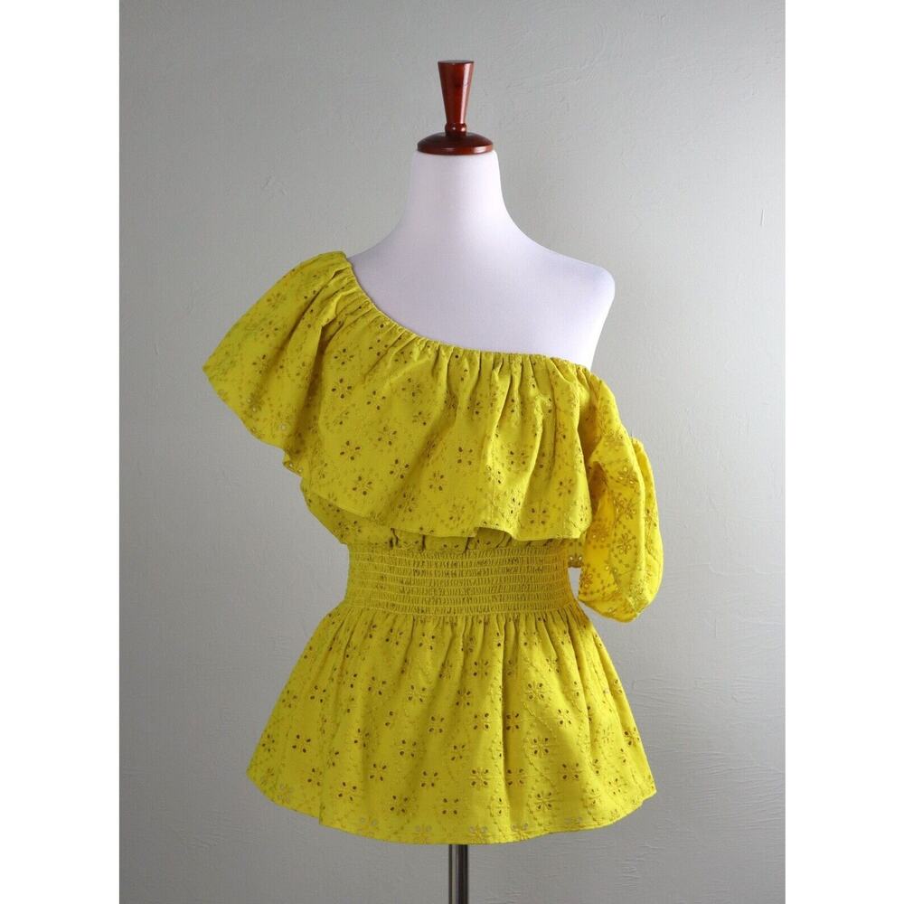 PEARL By Lela Rose NEW $355 Floral Eyelet Peplum Top in Sunflower Size 4